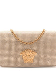 Satin Crystal Medusa Chain Clutch Beige