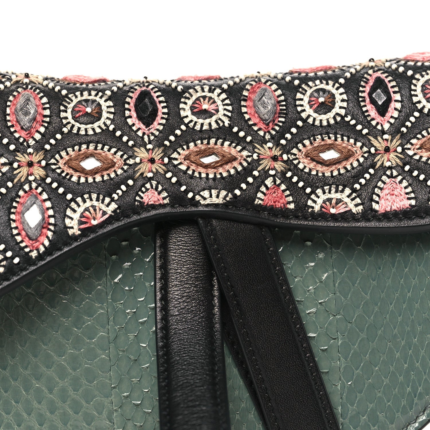 Beaded Calfskin Snakeskin Mini Saddle Bag Green
