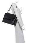 Calfskin Y Quilted Monogram Large Loulou Chain Satchel Black