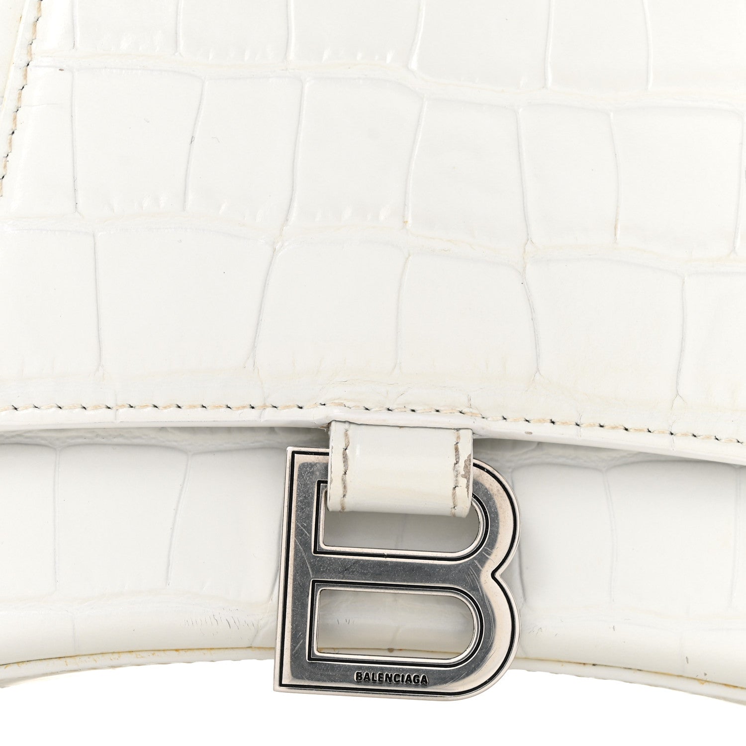 Calfskin Crocodile Embossed Small Hourglass Top Handle Bag White