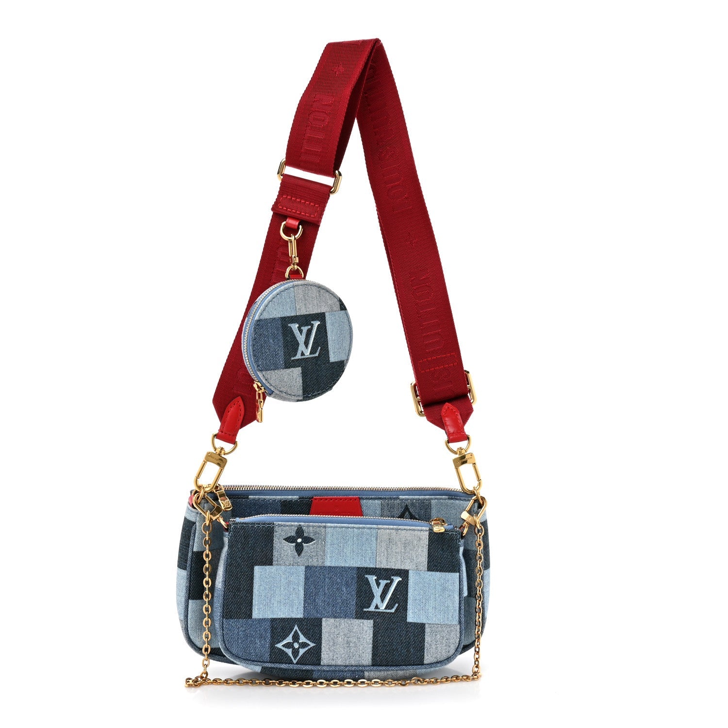 Denim Damier Monogram Patchwork Multi Pochette Accessories Blue Rouge