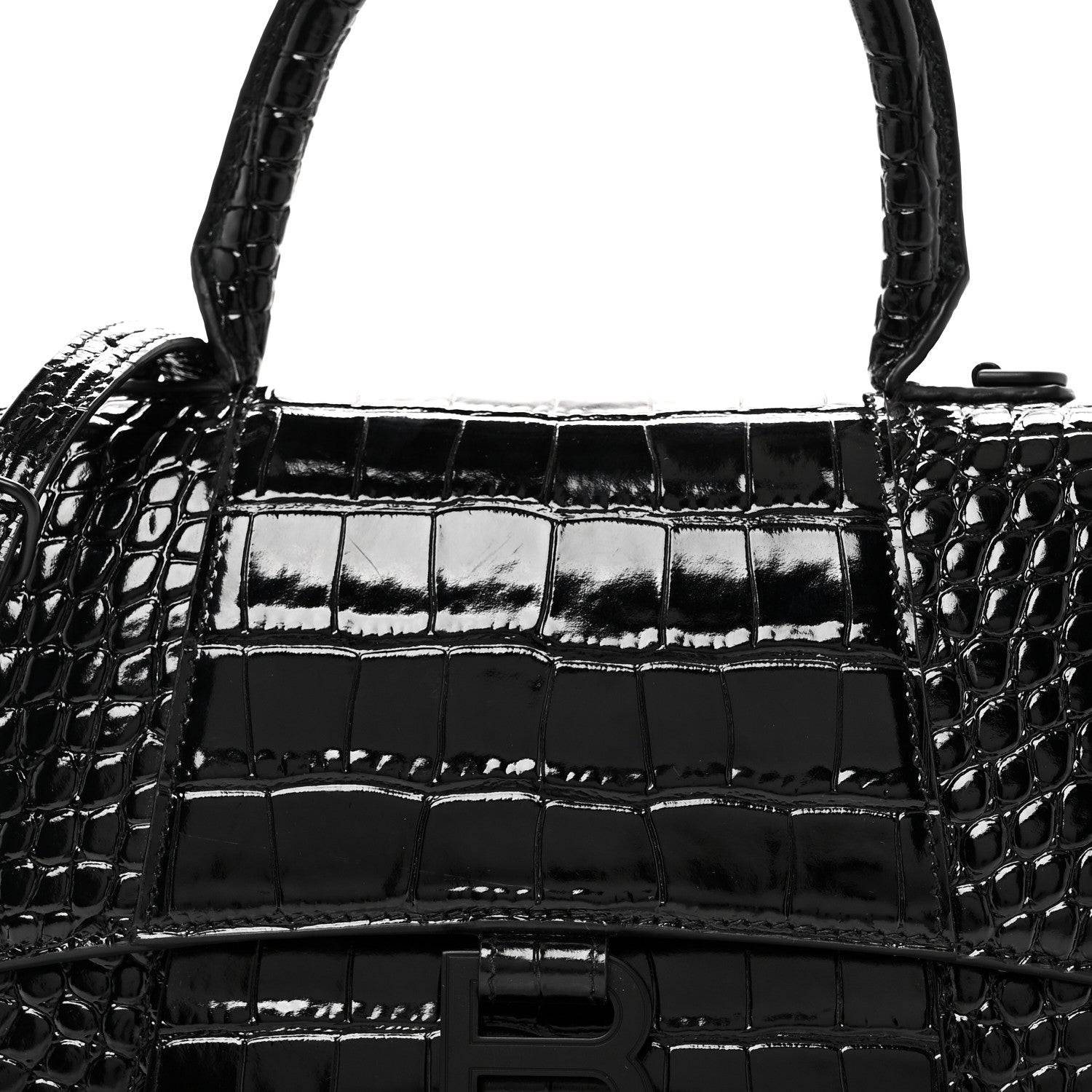 Shiny Calfskin Monochrome Crocodile Embossed Small Hourglass Top Handle Bag Black