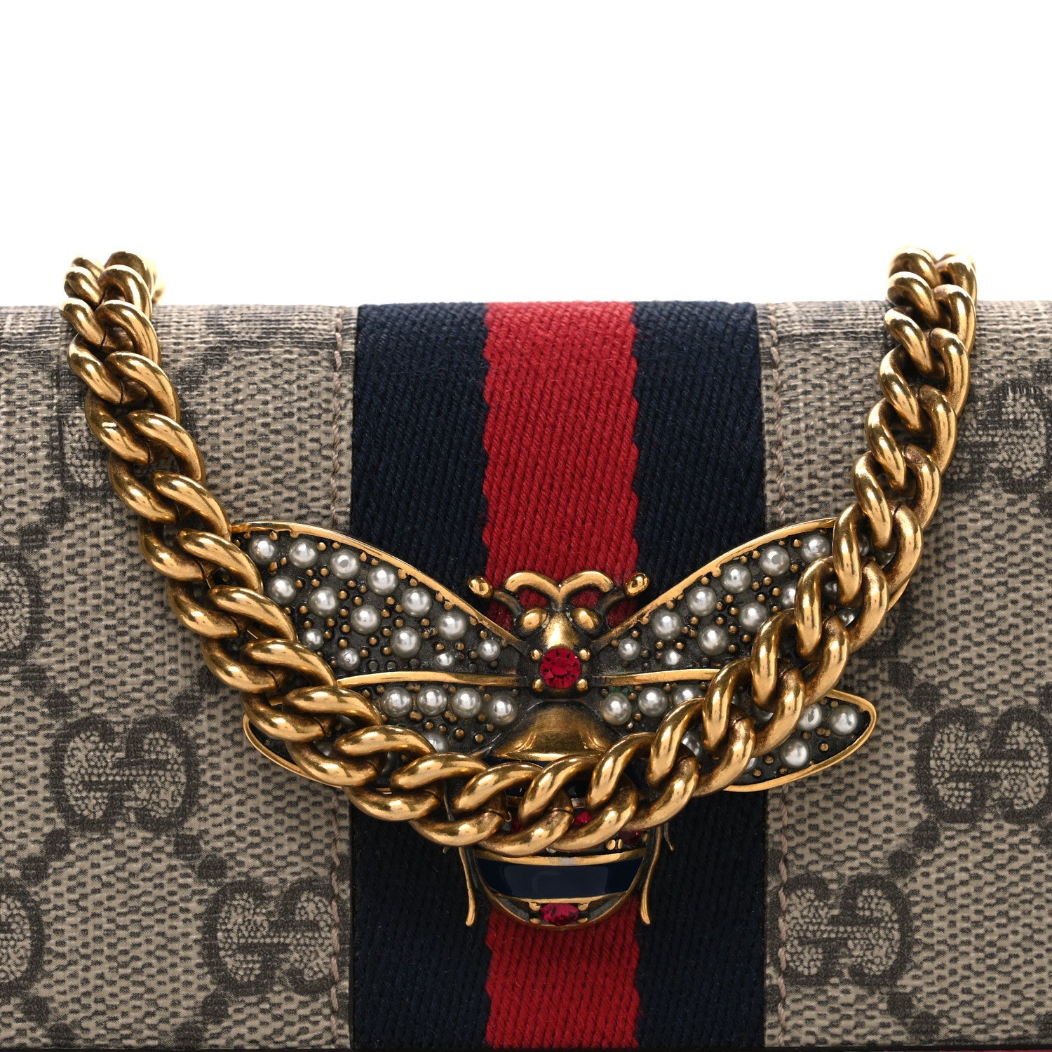 GG Supreme Monogram Web Queen Margaret Chain Wallet Red