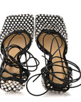 Mesh Nappa Crystal Embellished Sparkle Stretch Ankle Tie Sandals 36.5 Black