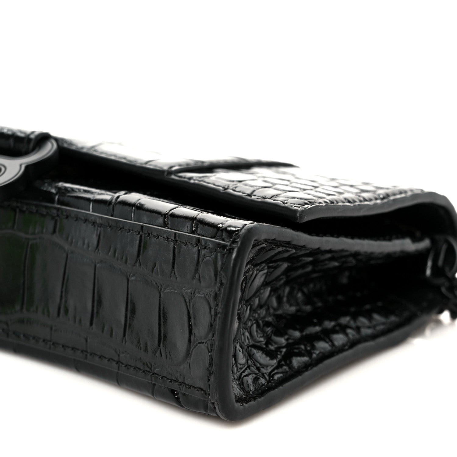 Shiny Calfskin Monochrome Crocodile Embossed Hourglass Chain Bag Black