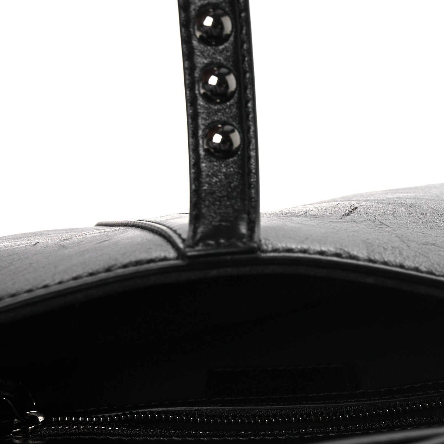Shiny Crinkled Calfskin Studded Saddle Bag Black