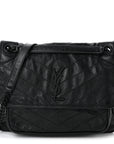 Crinkled Calfskin Matelasse Monogram Medium Niki Chain Satchel Black
