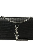 Calfskin Crocodile Embossed Medium Classic Monogram Kate Tassel Satchel Black
