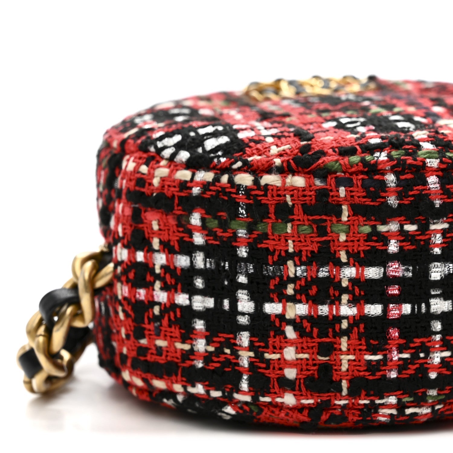 Tweed Quilted CHNL 19 Round Clutch With Chain  Red Black White Green