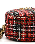 Tweed Quilted CHNL 19 Round Clutch With Chain  Red Black White Green