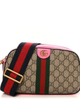 GG Supreme Monogram Textured Dollar Calfskin Web Ophidia Small Crossbody Bag Beige Ebony Fuchsia
