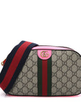GG Supreme Monogram Textured Dollar Calfskin Web Ophidia Small Crossbody Bag Beige Ebony Fuchsia