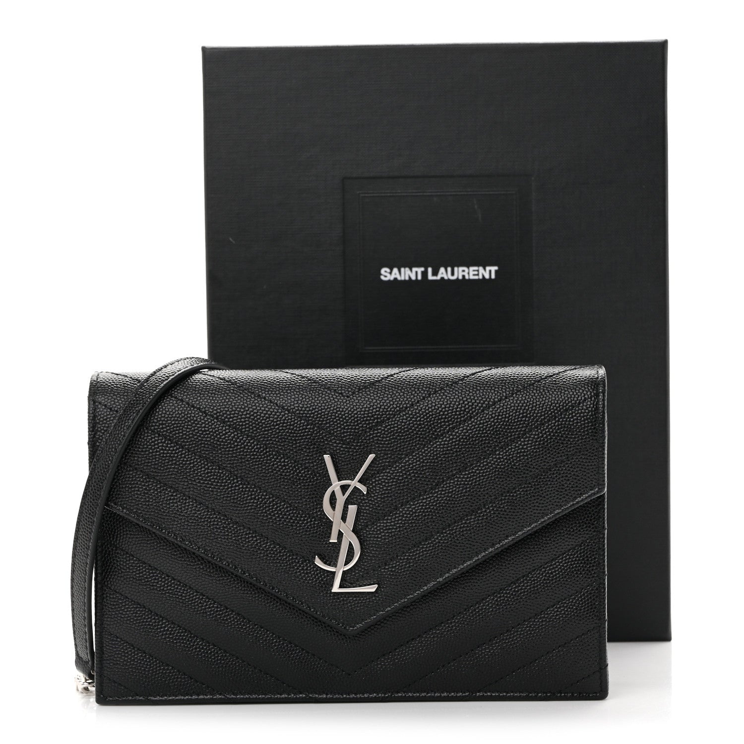 Grain De Poudre Matelasse Chevron Monogram Envelope Chain Wallet Black