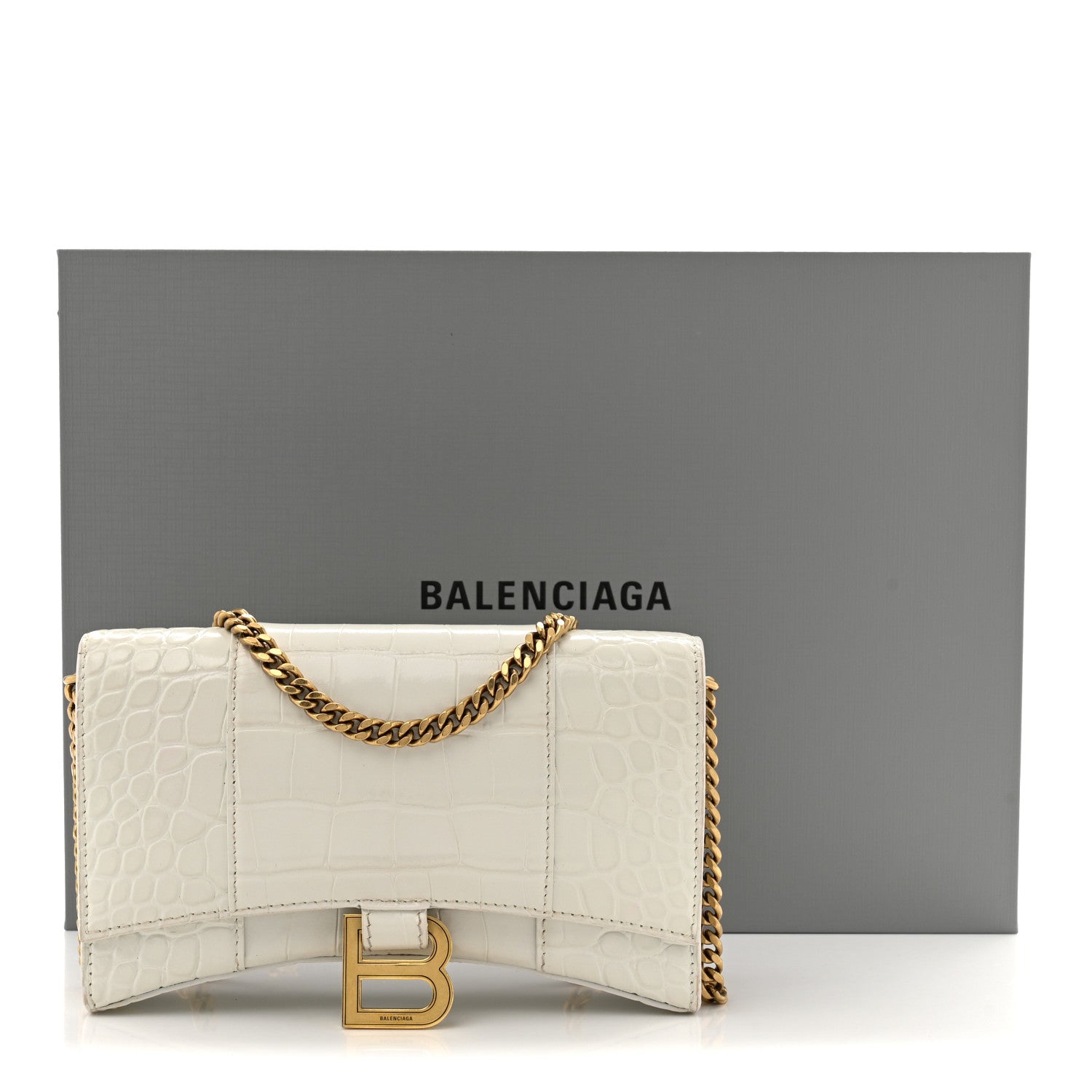 Shiny Calfskin Crocodile Embossed Hourglass Chain Bag White