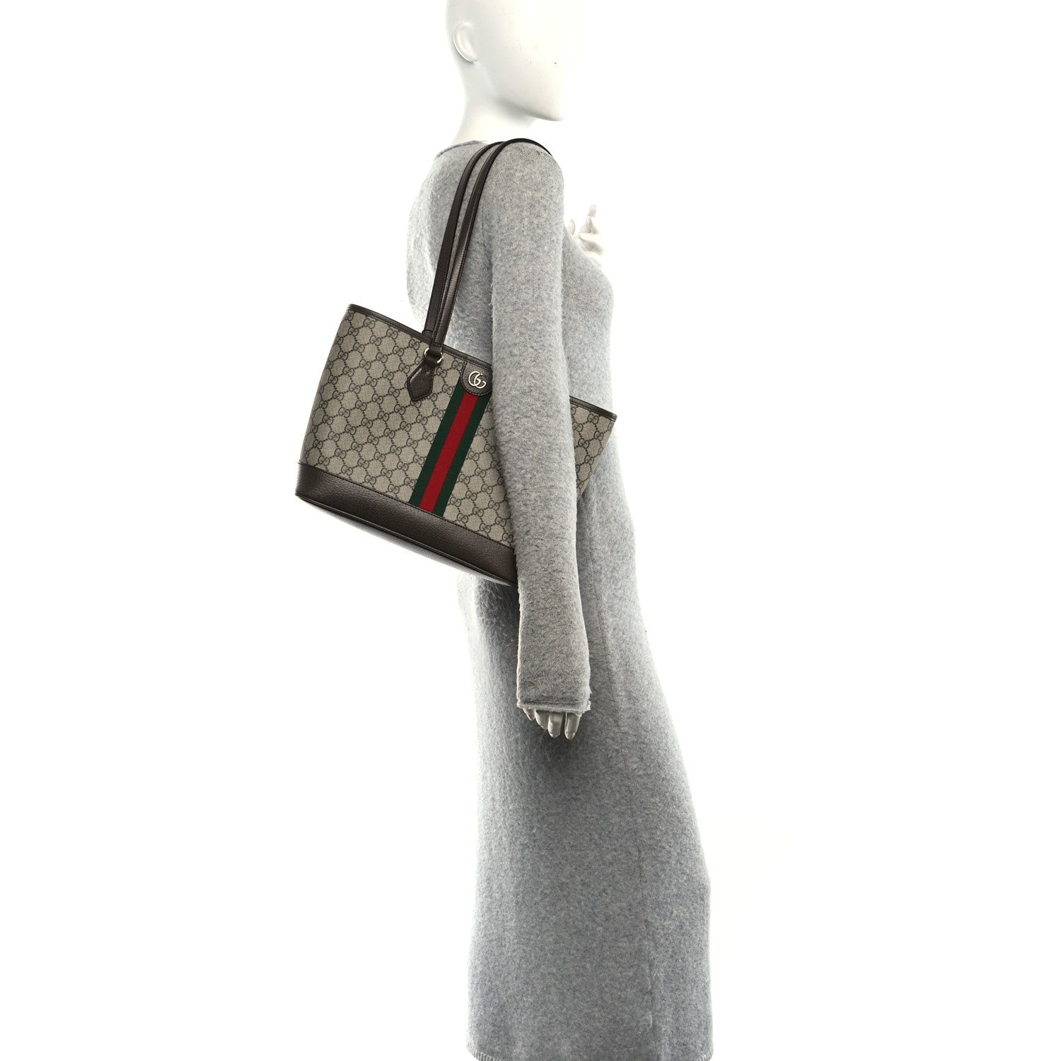 GG Supreme Monogram Textured Calfskin Web Small Ophidia Shoulder Tote Bag Beige Ebony New Acero