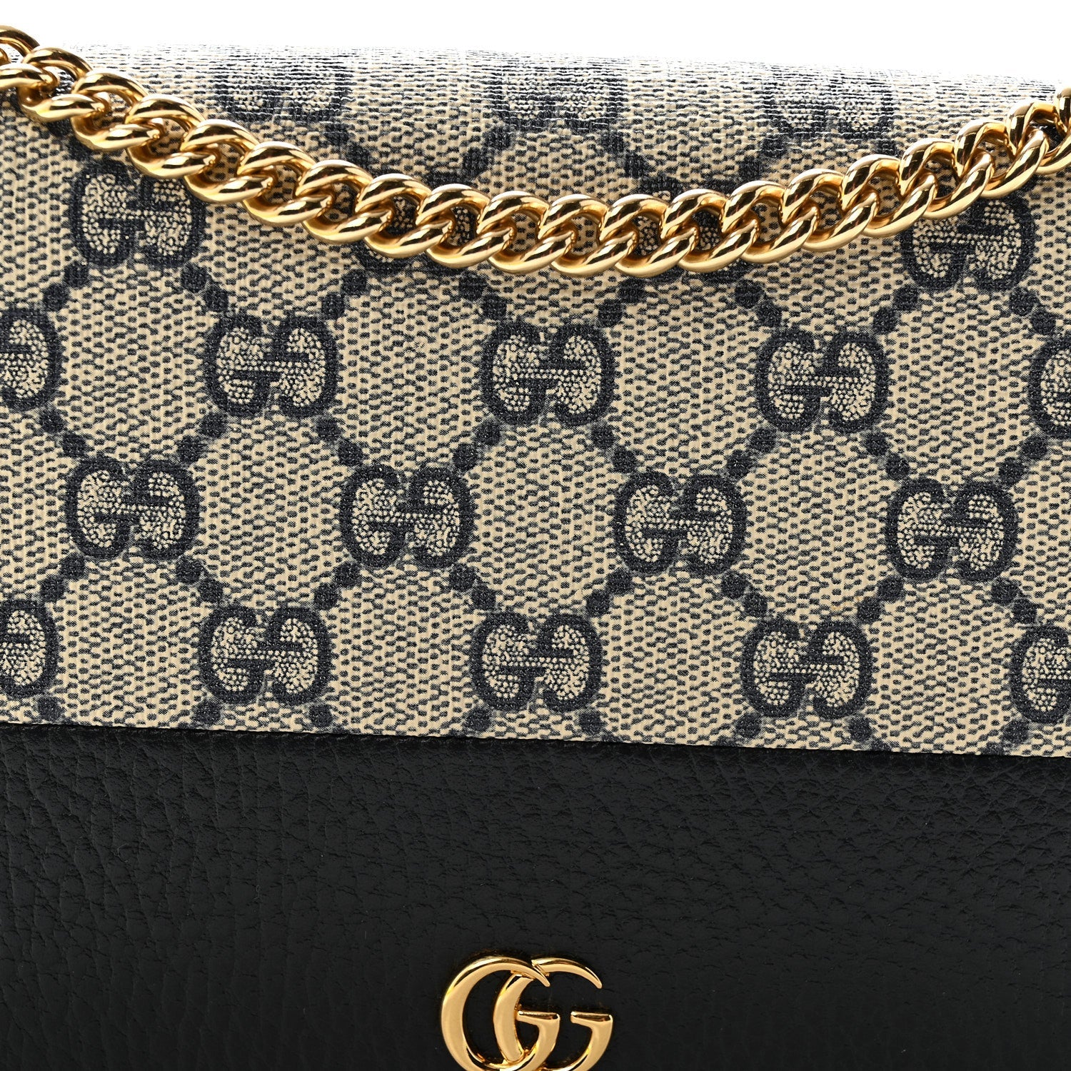 GG Supreme Monogram Textured Dollar Calfskin Mini GG Marmont Chain Wallet Beige Blue