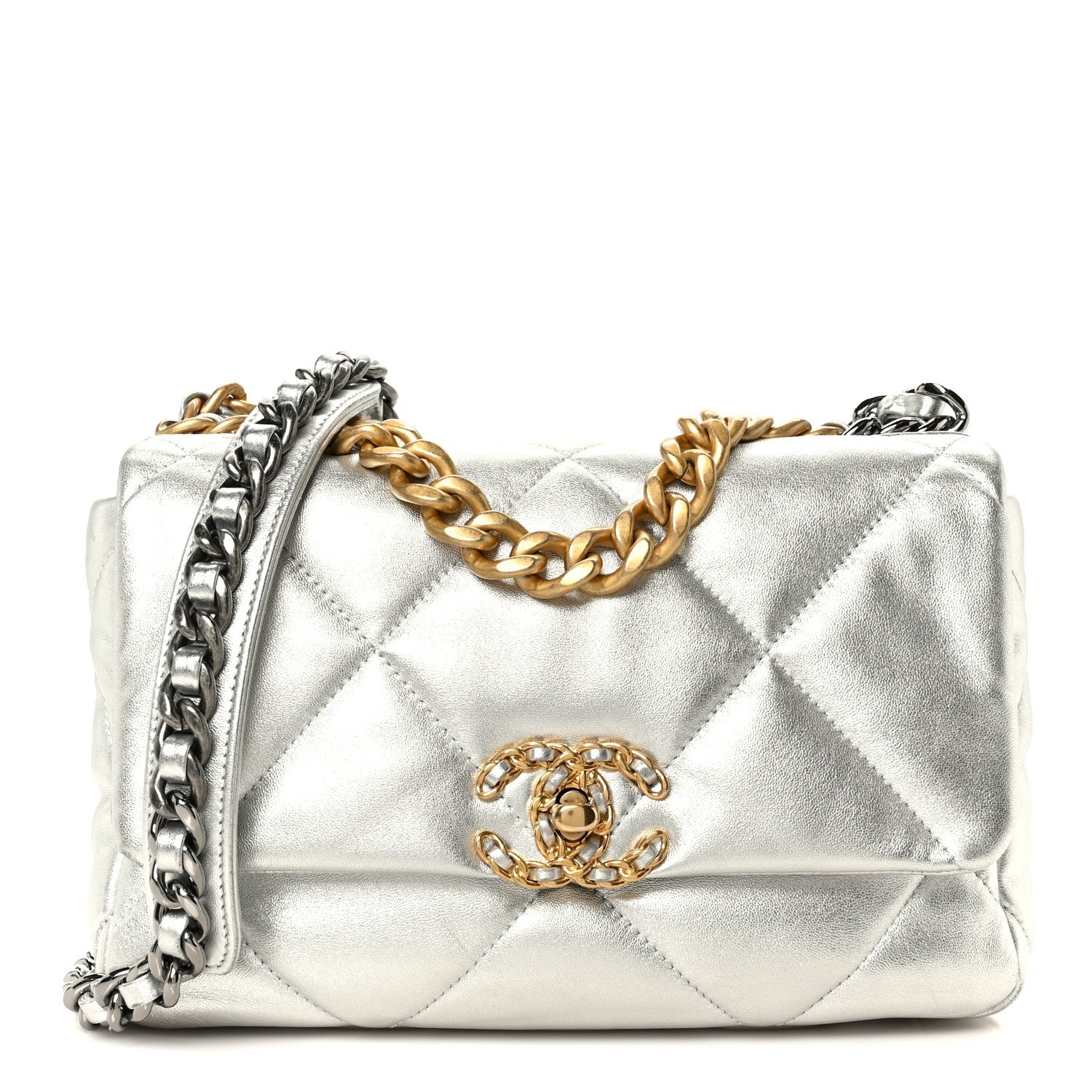 Metallic Lambskin Quilted Medium CHNL 19 Flap Silver