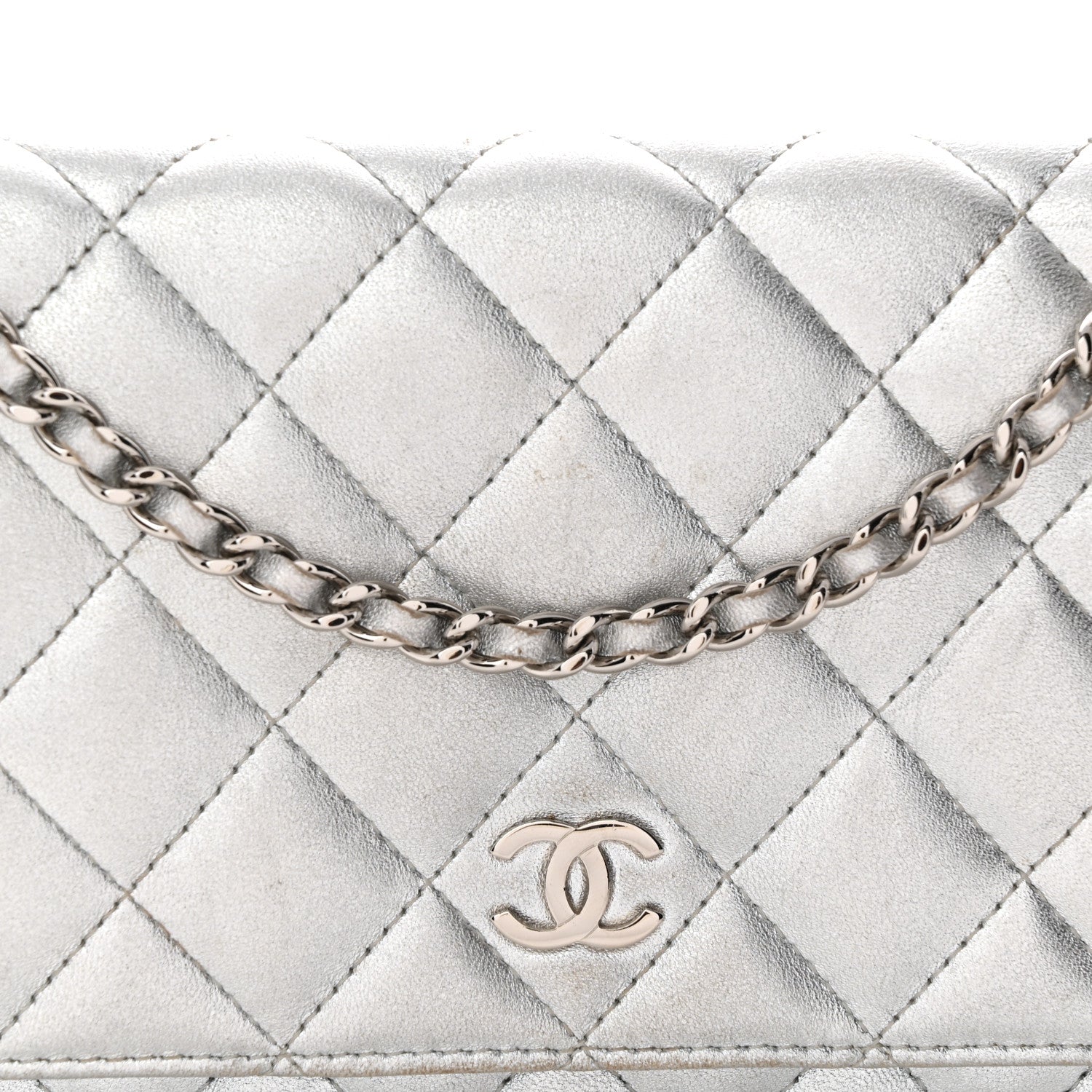 Metallic Lambskin Quilted Wallet On Chain WOC Silver