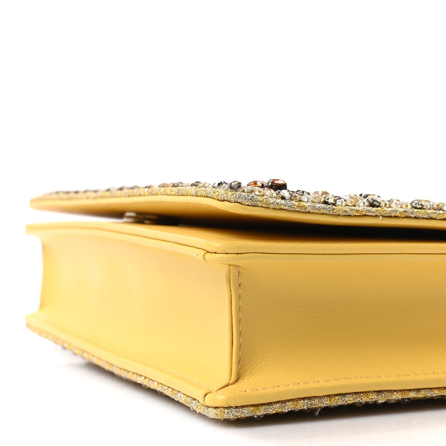 Calfskin Satin Bead Embroidery Lady D1OR Clutch Gold Yellow