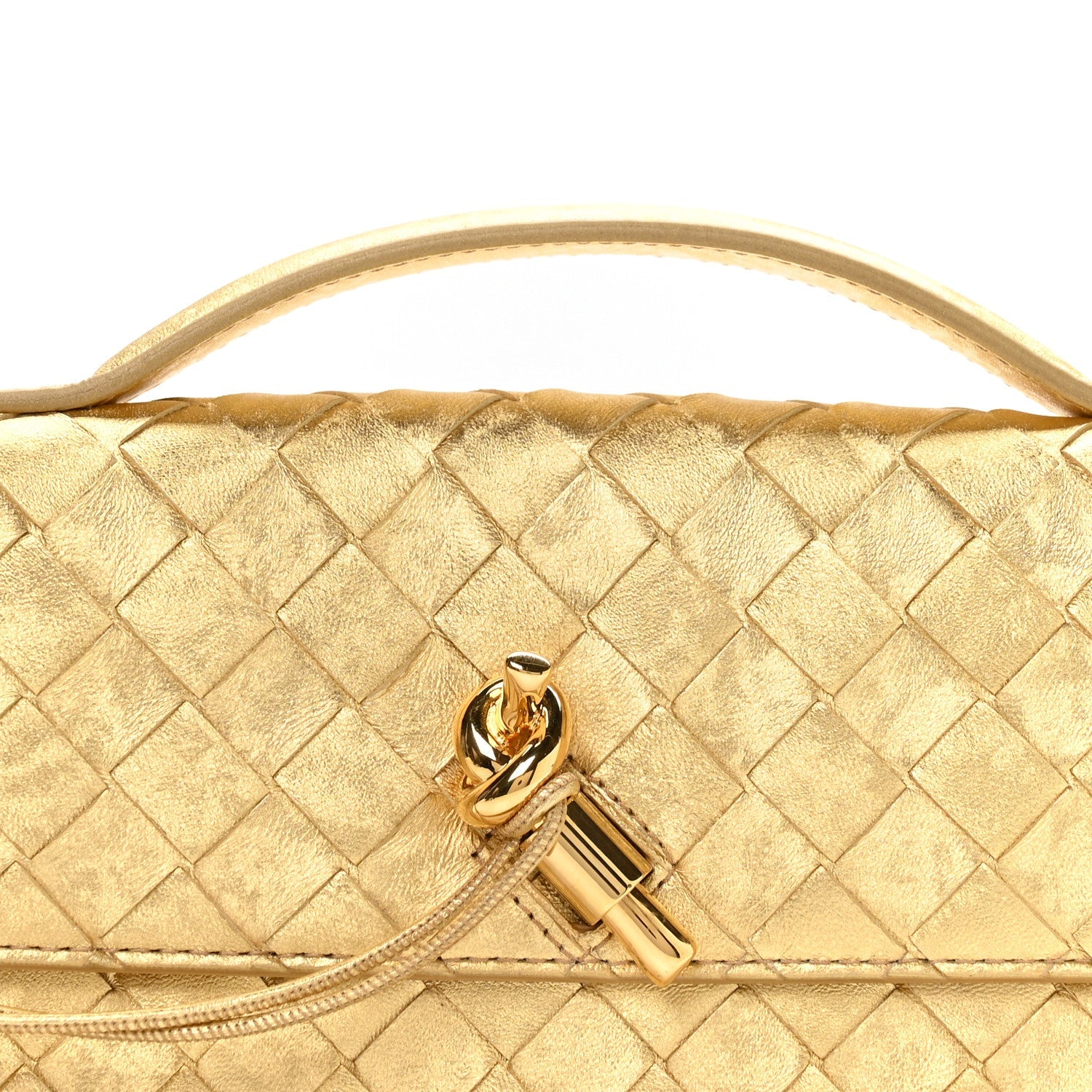 Metallic Satin Lambskin Intrecciato Long Andiamo Top Handle Clutch Gold