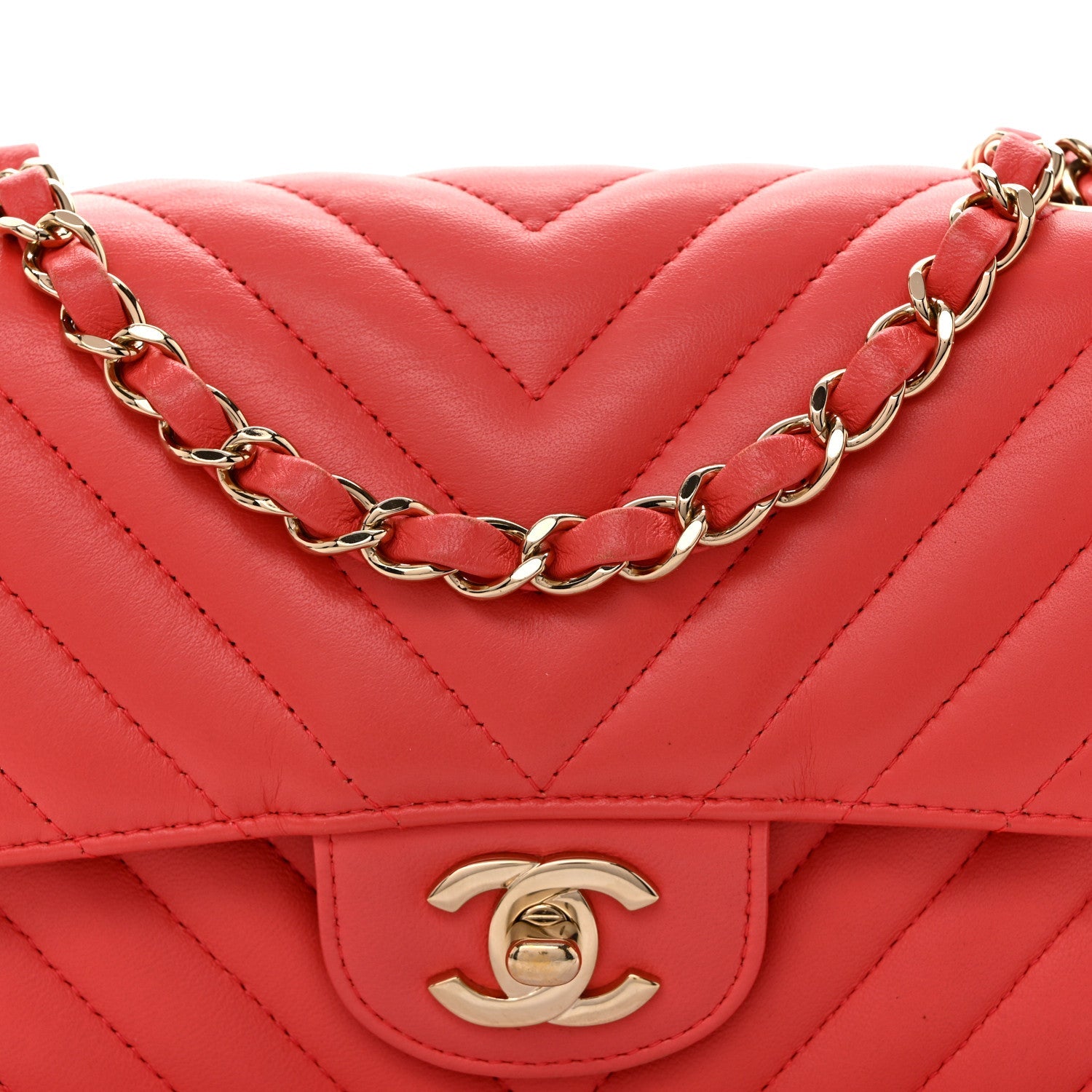 Lambskin Chevron Quilted Mini Rectangular Flap Coral