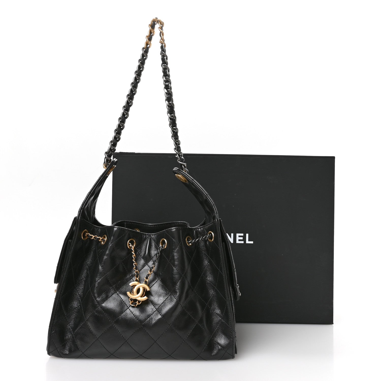 Shiny Crumpled Calfskin Quilted Small CHNL 25 Handbag Black