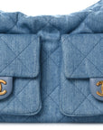 Washed Denim Quilted Large Trendy Pockets Hobo Blue