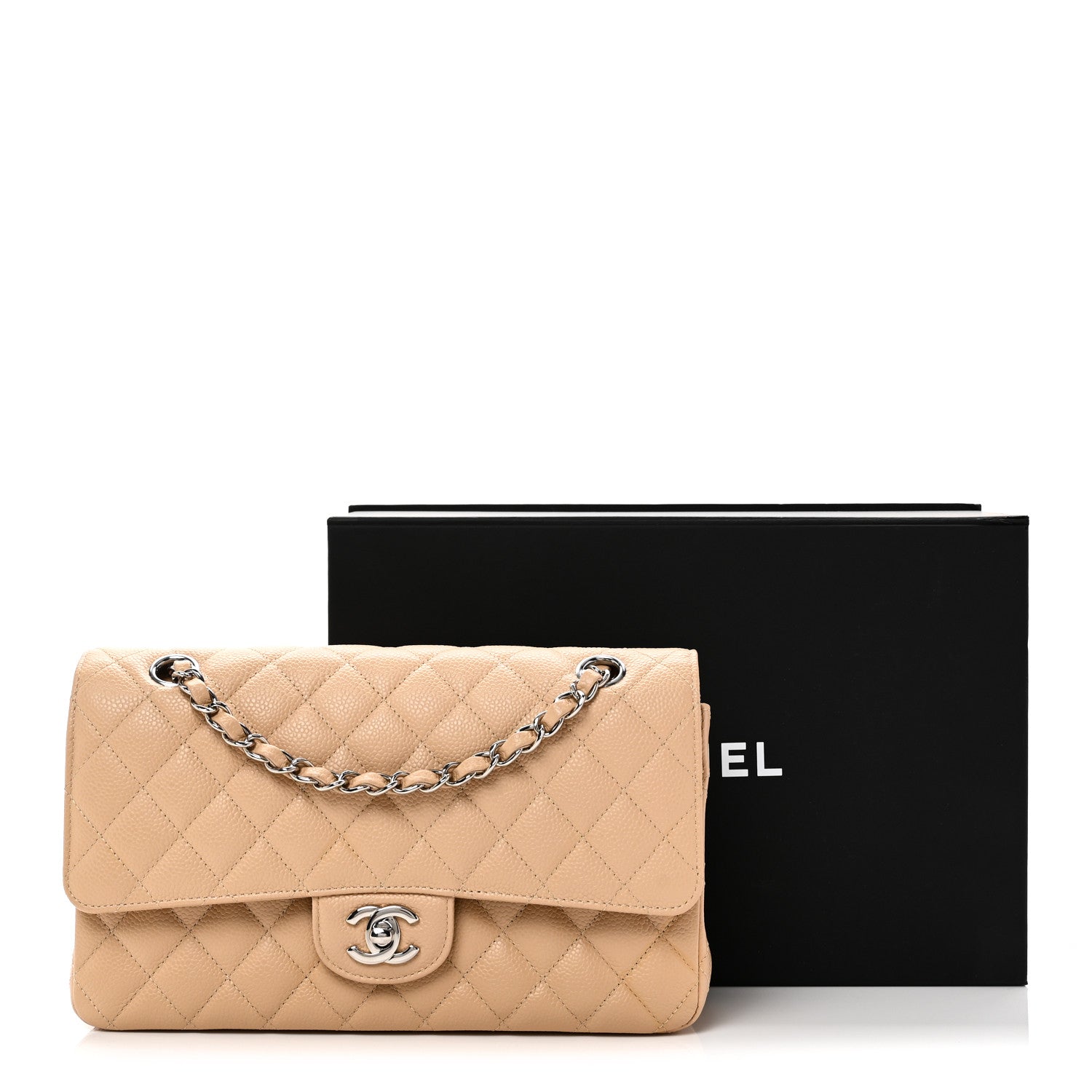 Caviar Quilted Medium Double Flap Beige