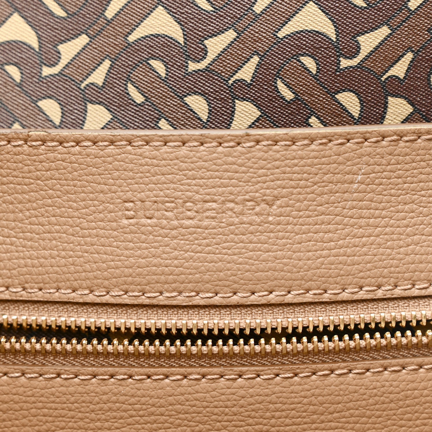 Calfskin TB Motif Embossed Medium Tote Camel