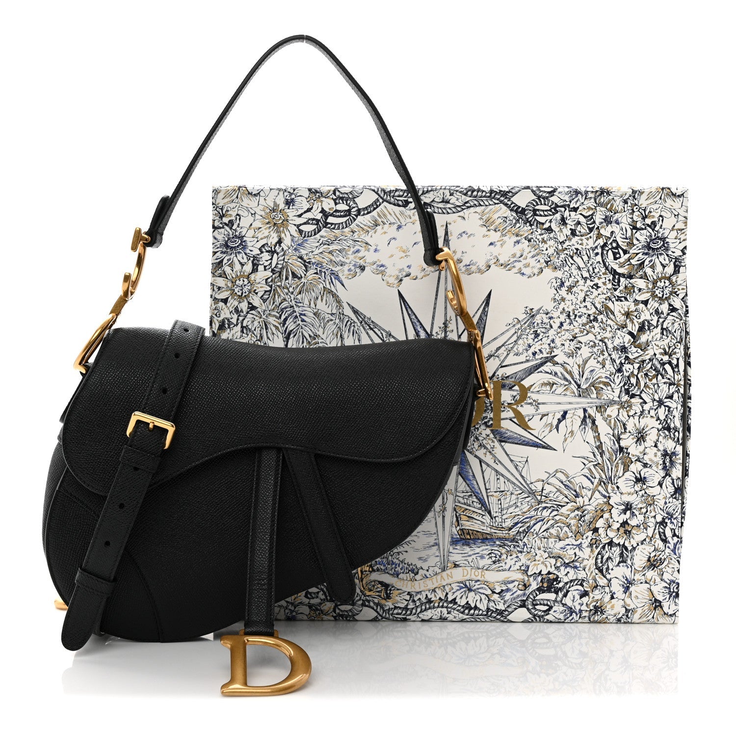 Grained Calfskin Saddle Bag With Strap Black
