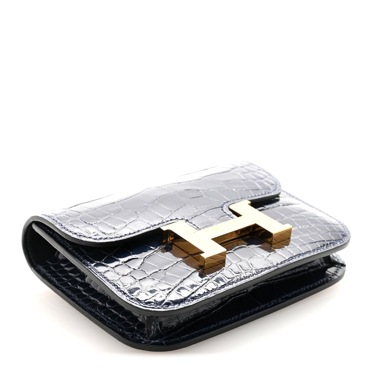 Shiny Alligator Constance Slim Wallet Bleu Abysse