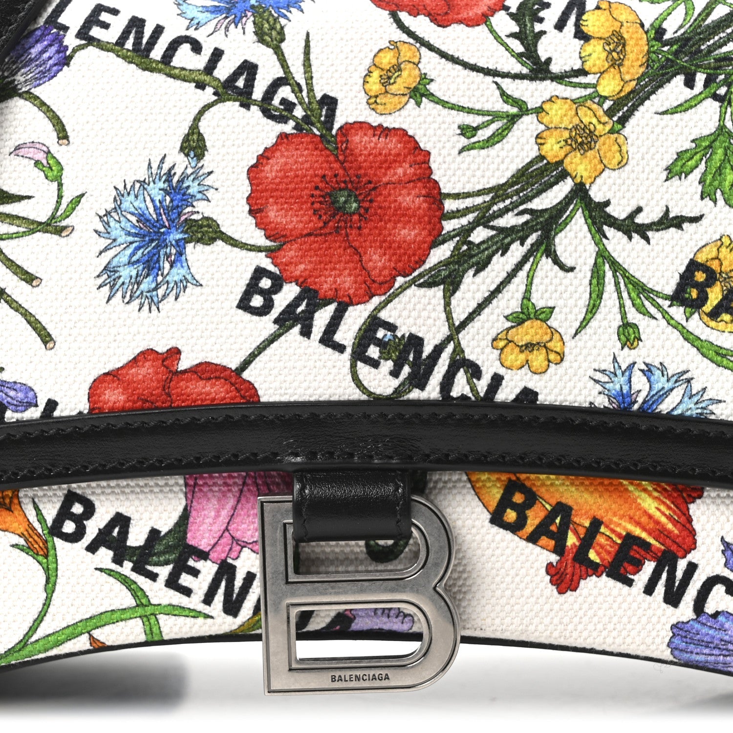 X GCCI Canvas Boarded Plutone Calfskin Flora Logo Print Small Hourglass Top Handle Bag White Multicolor Black