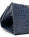 Shiny Calfskin Crocodile Embossed Small Hourglass Top Handle Bag Navy