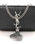 Calfskin Crocodile Embossed Small Classic Monogram Kate Tassel Satchel Black