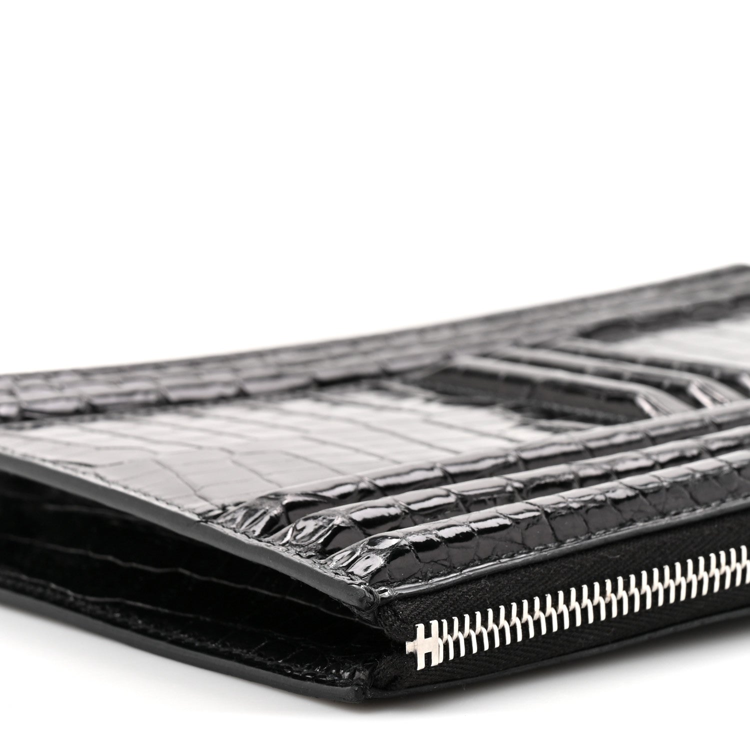 Shiny Porosus Crocodile Lisse Kelly Cadena Clutch Black