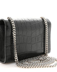 Calfskin Crocodile Embossed Small Classic Monogram Kate Tassel Satchel Black