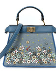 Woven Fabric Calfskin Floral Embroidered Petite Peekaboo I SEE U Satchel Blue