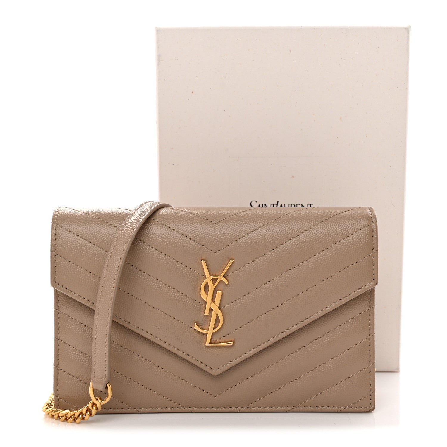 Grain De Poudre Matelasse Chevron Monogram Envelope Chain Wallet Dark Beige
