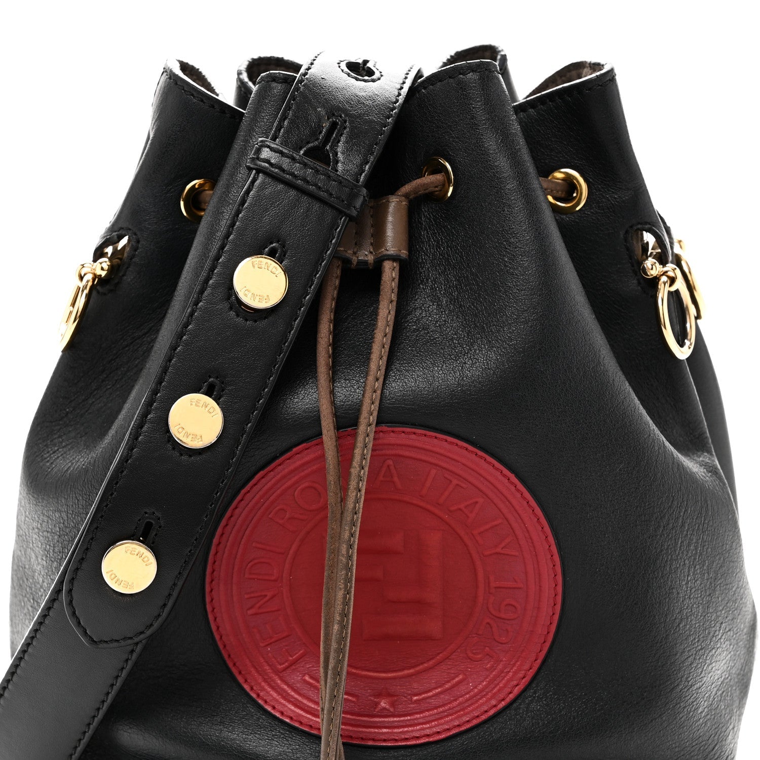 Vitello Century Matte F is FNDI Stamp Patch Bi-Color Grande Mon Tresor Bucket Bag Black Maya Fragola