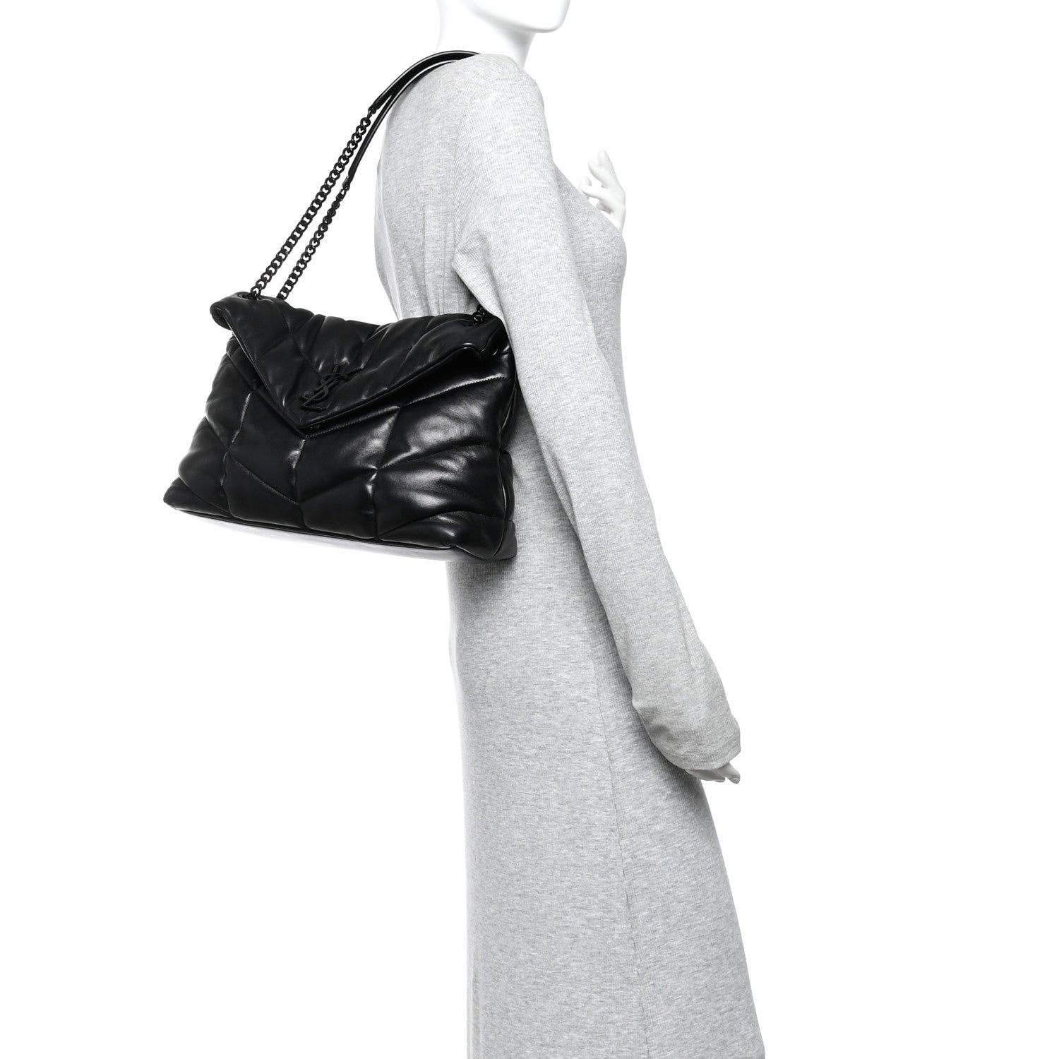 Lambskin Quilted Monogram Monochrome Medium Loulou Puffer Chain Satchel Black