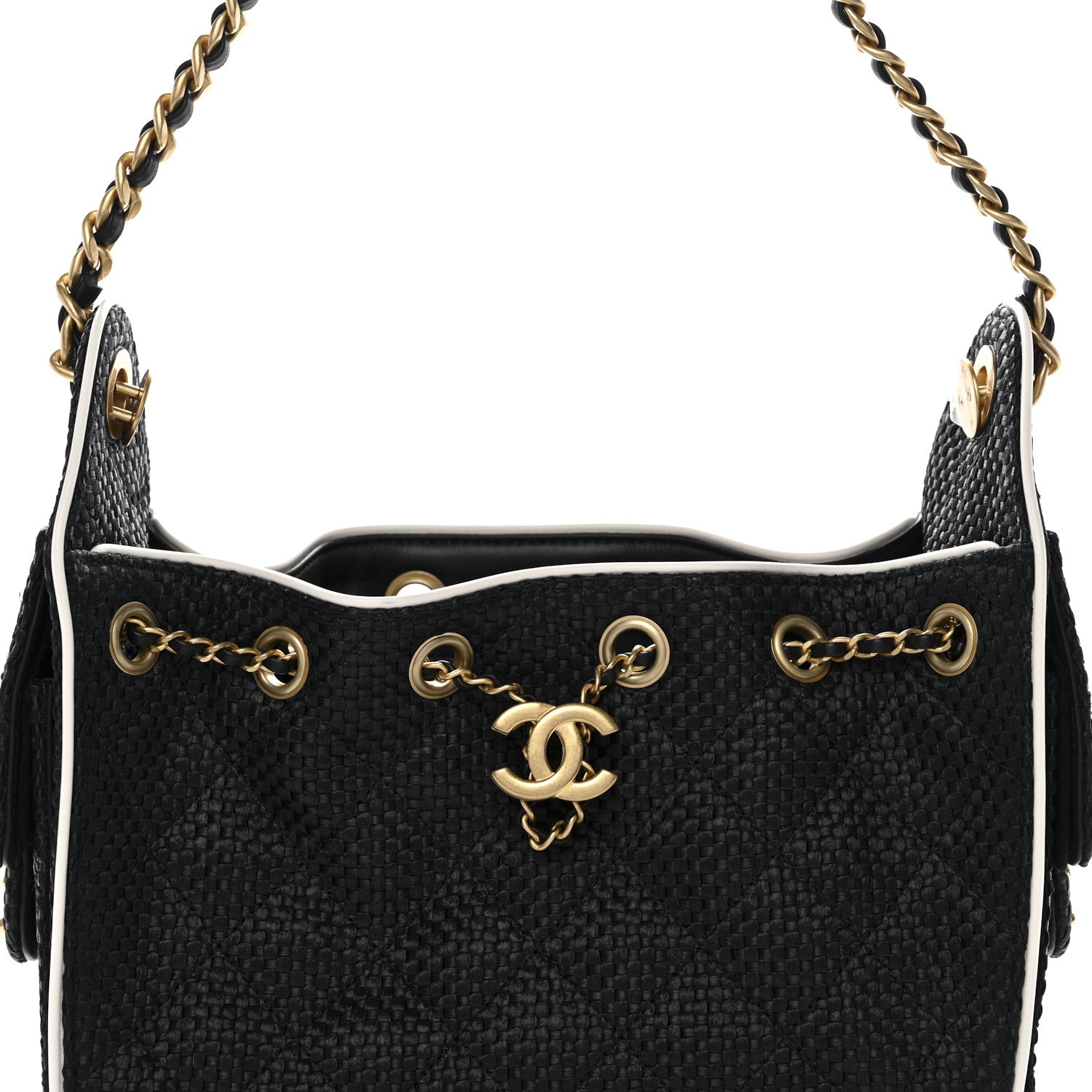 Braided Raffia Calfskin Quilted Mini CHNL 25 Handbag Black White