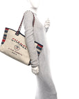 Striped Canvas Medium Deauville Tote Beige