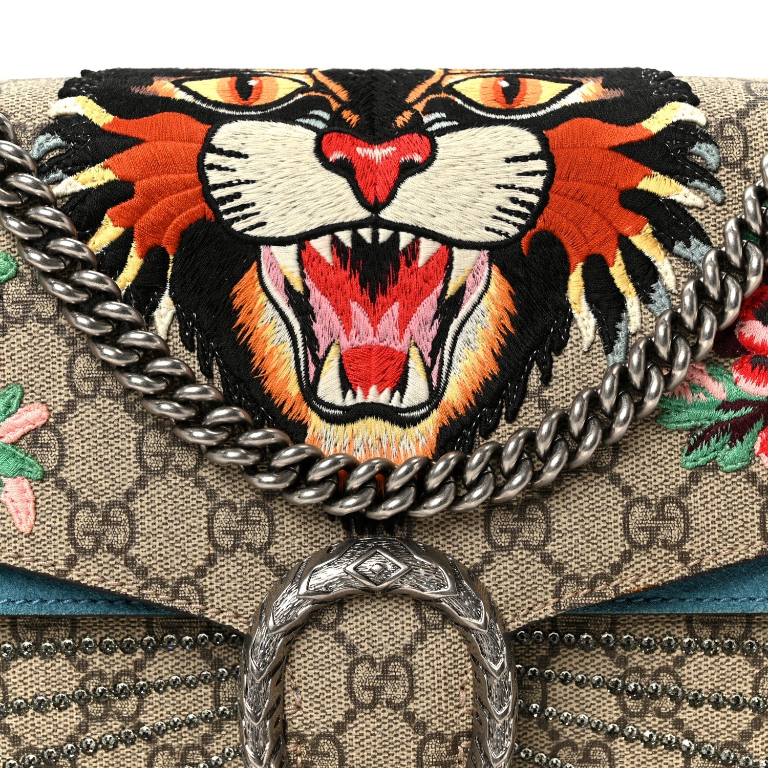 GG Supreme Monogram Angry Cat Embroidered Medium Dionysus Shoulder Bag Beige Ultramarine