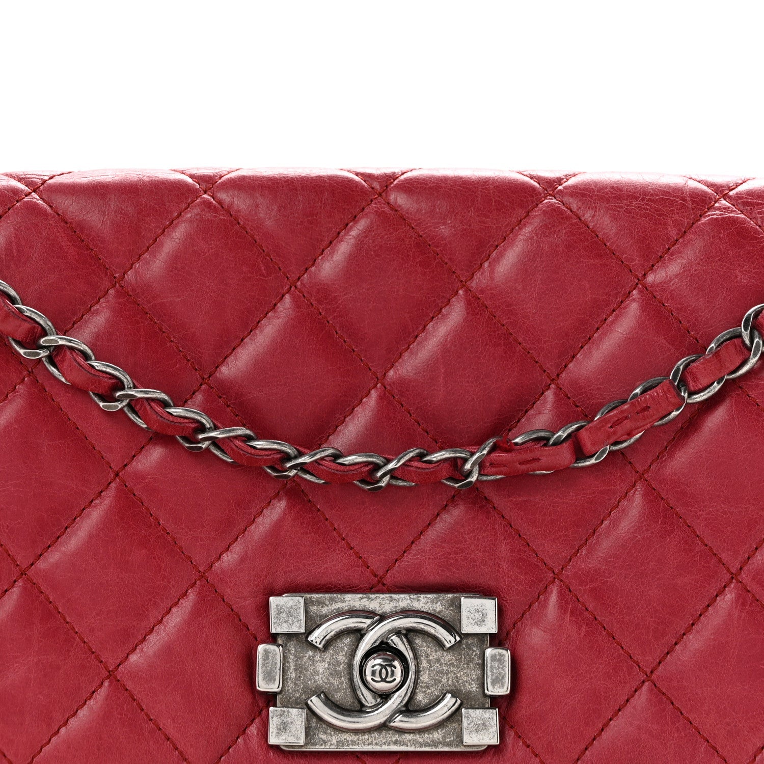 Glazed Calfskin Quilted Soft Boy Flap Red