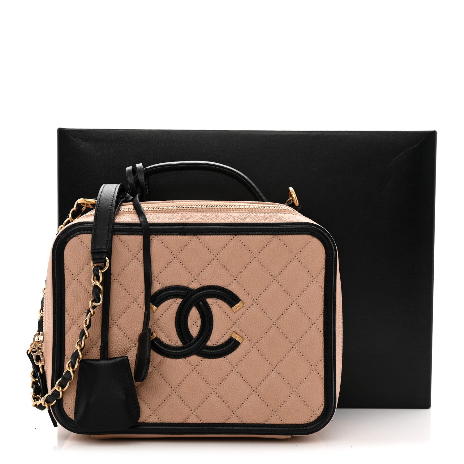 Caviar Quilted Large CC Filigree Vanity Case Beige Black