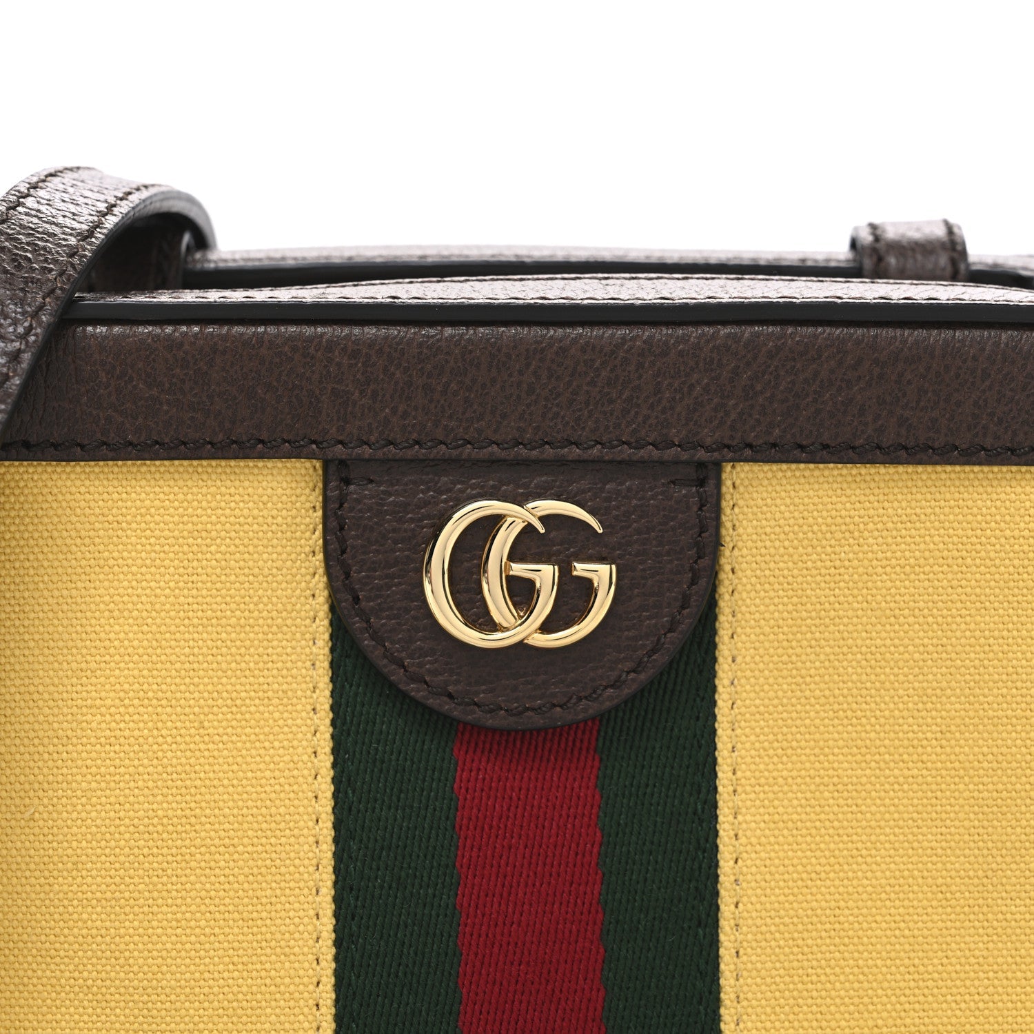 Canvas Textured Calfskin Web Mini Ophidia Top Handle Shoulder Bag Easy Yellow Dark Brown