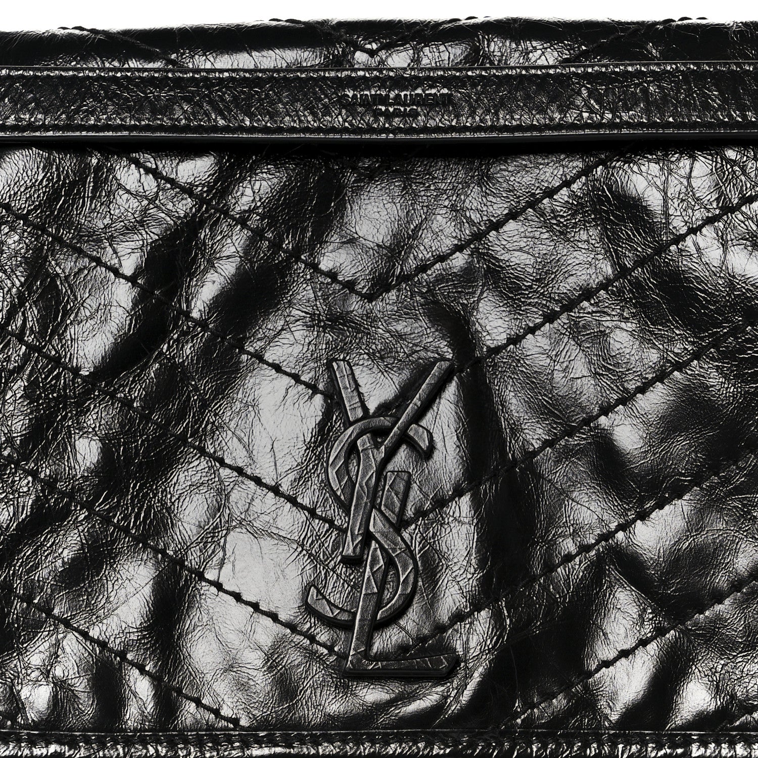 Crinkled Calfskin Matelasse Monogram Large Niki Chain Satchel Black