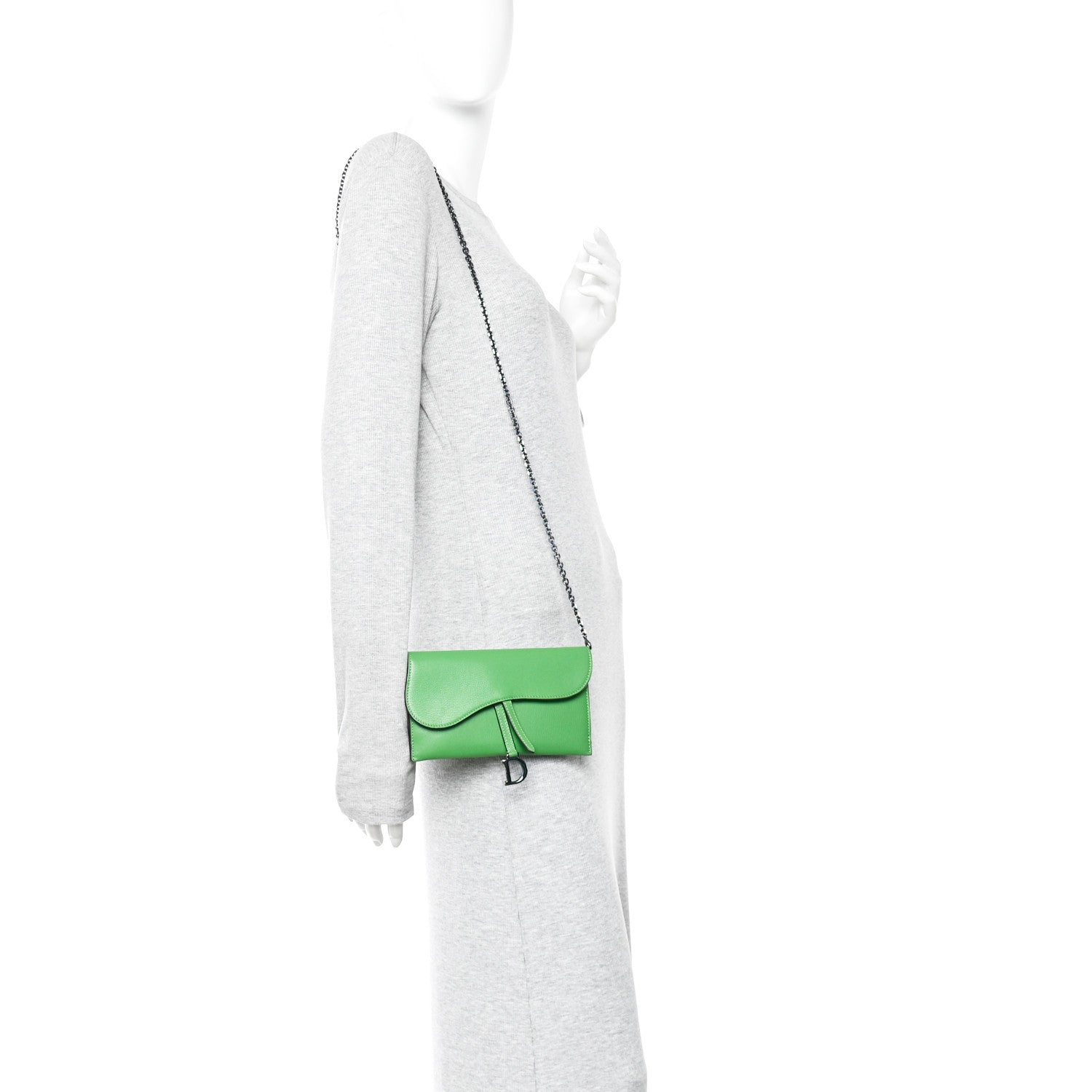 Goatskin Saddle Chain Wallet Pouch Bright Green