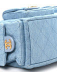 Washed Denim Quilted Large Trendy Pockets Hobo Blue