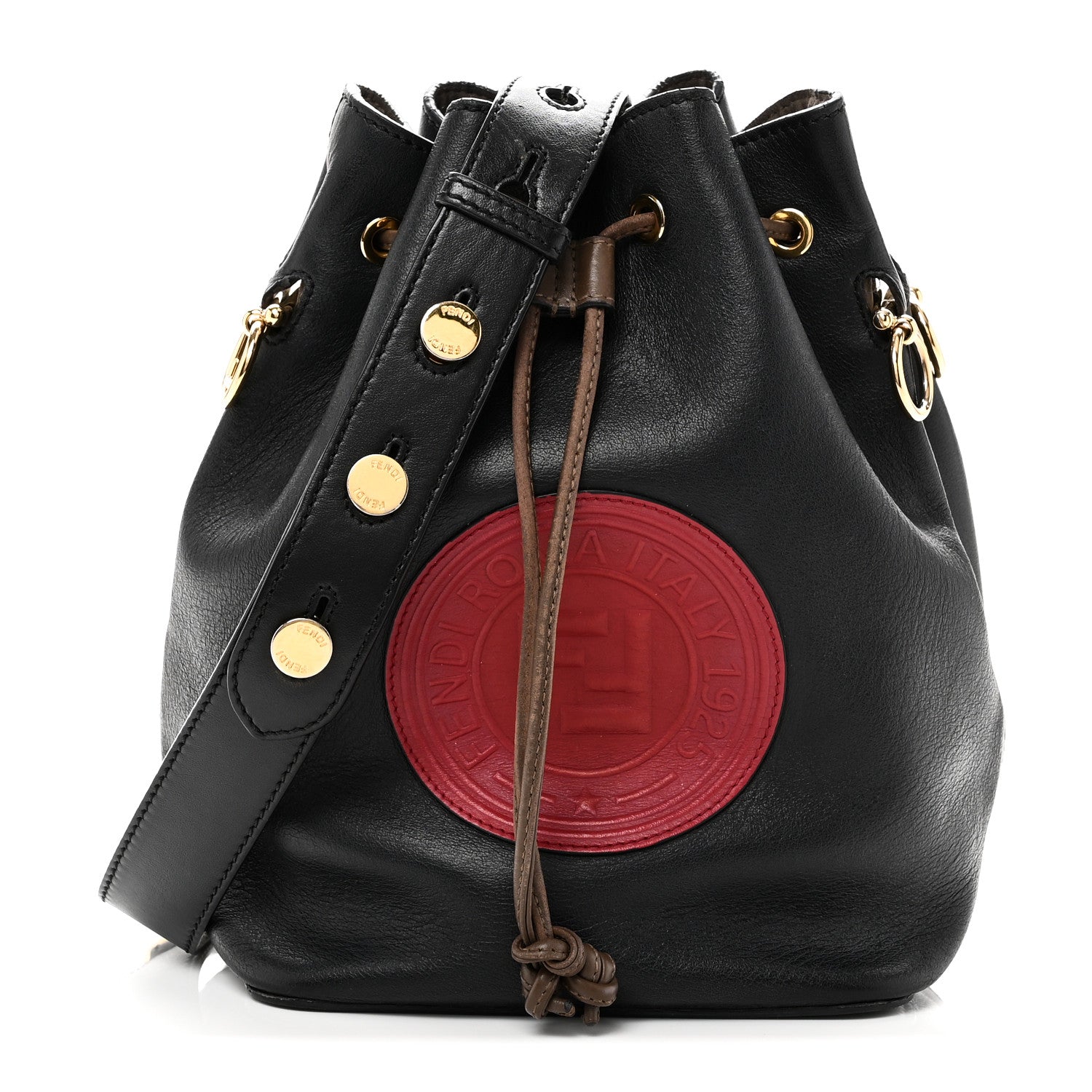 Vitello Century Matte F is FNDI Stamp Patch Bi-Color Grande Mon Tresor Bucket Bag Black Maya Fragola